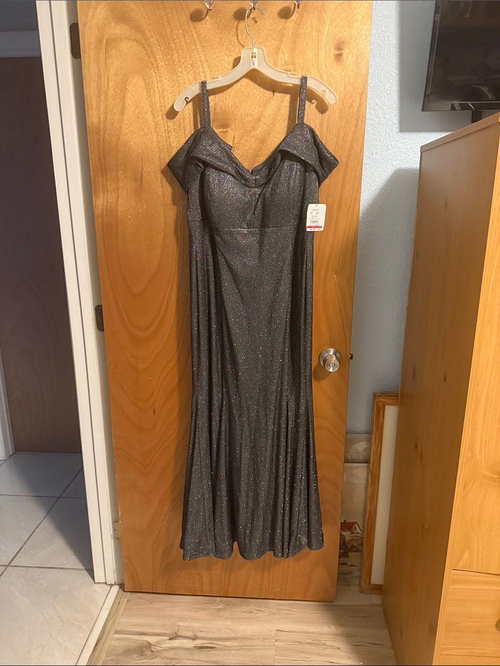 R&M Richards Black Sparkle Off-Shoulder Maxi Dress